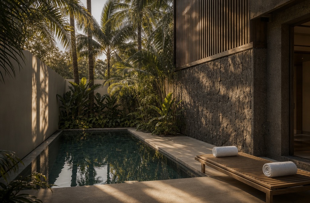 Bali Canggu üürivilla erabasseiniga palmide vahel