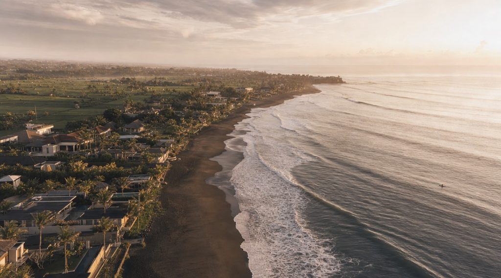 Canggu aerial view at sunset showing the prime Bali rental yield corridor