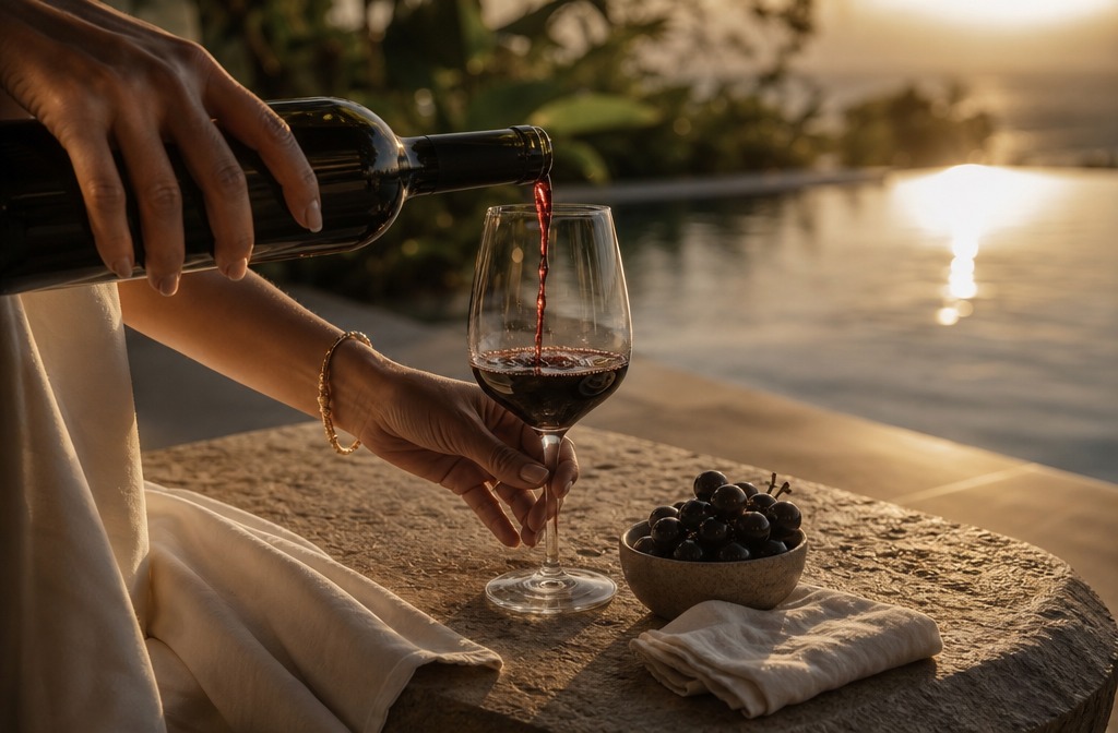 Bali villa basseini terrass päikeseloojangul professionaalse külalisteenuse näitega