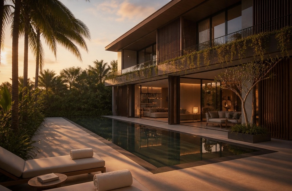 Canggu Berawa investment villa with infinity pool, slatted timber facade and coconut palms at golden hour