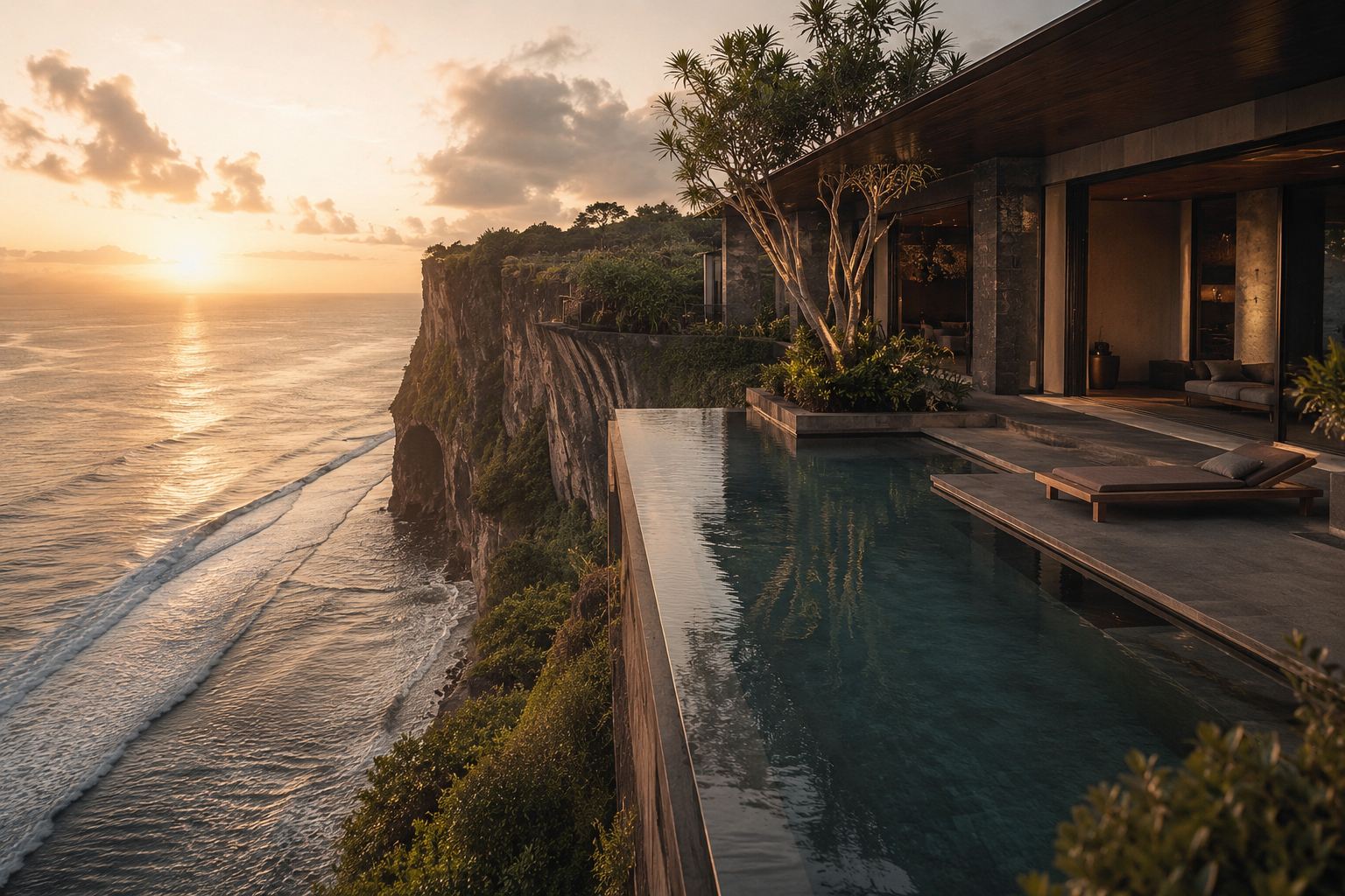 Uluwatu clifftop villa investment with infinity pool overlooking the Indian Ocean at golden hour