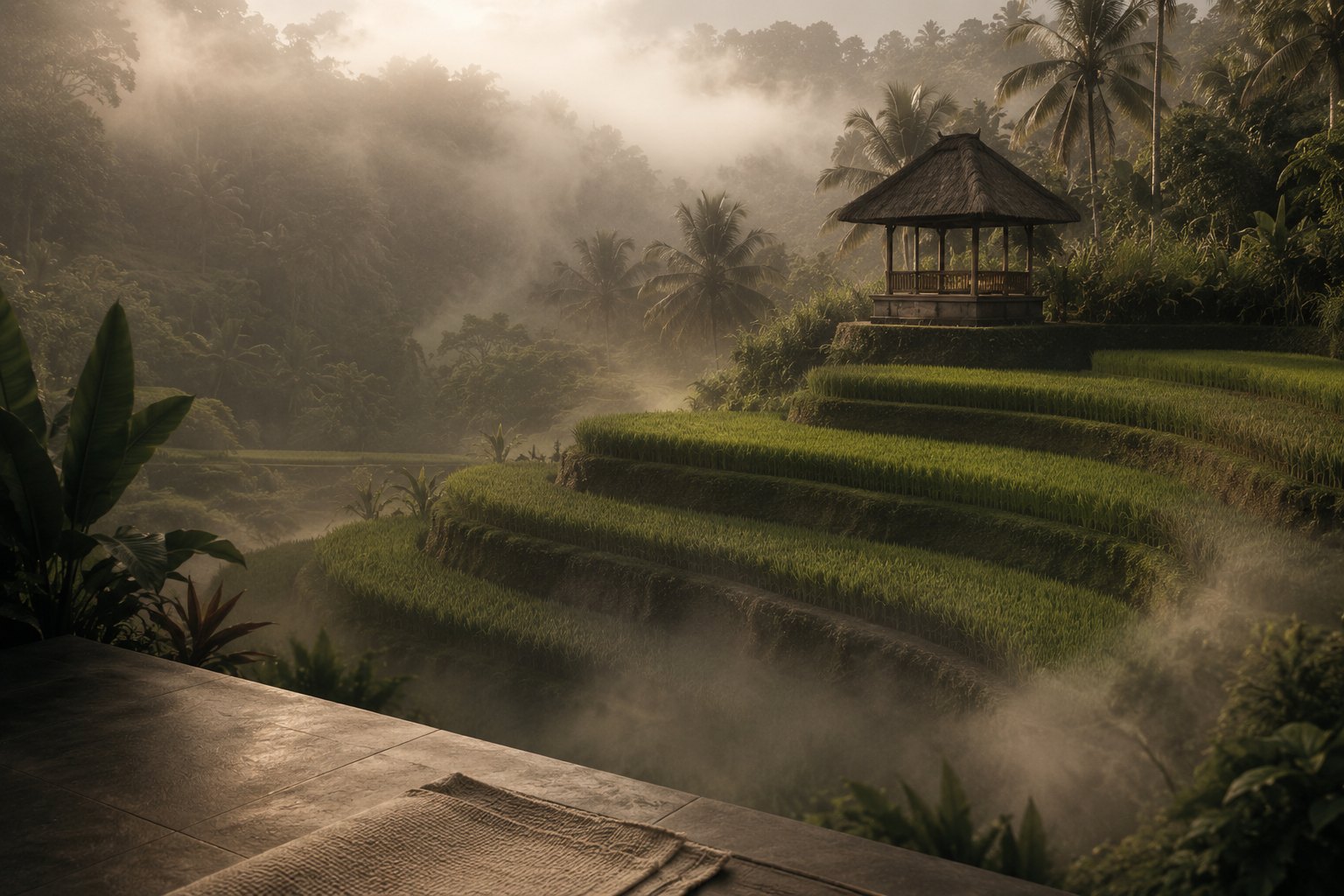 Ubud rice terrace wellness investment view with thatched bale at sunrise and mist between paddies