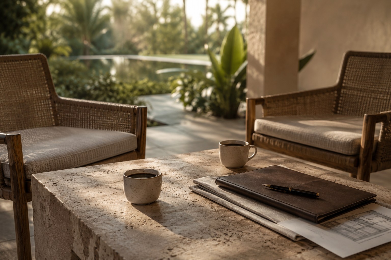 Investland Bali strategy call setting: travertine table with portfolio, coffee and rattan chairs on a villa terrace